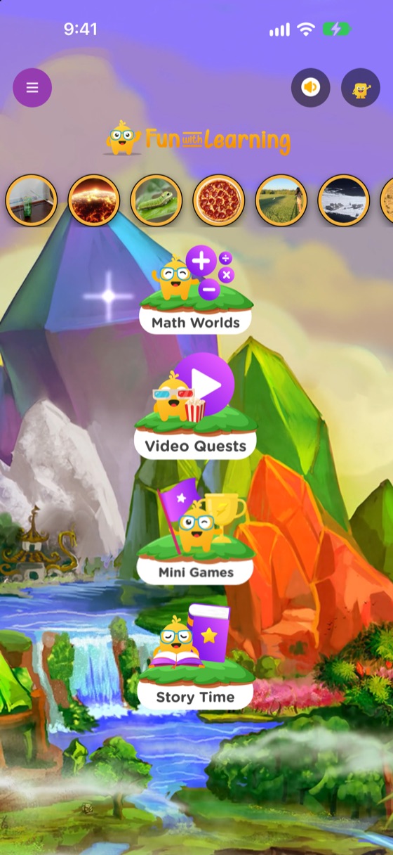 Fun With Learning home screen — Math Worlds, Video Quests, Story Time and Mini Games