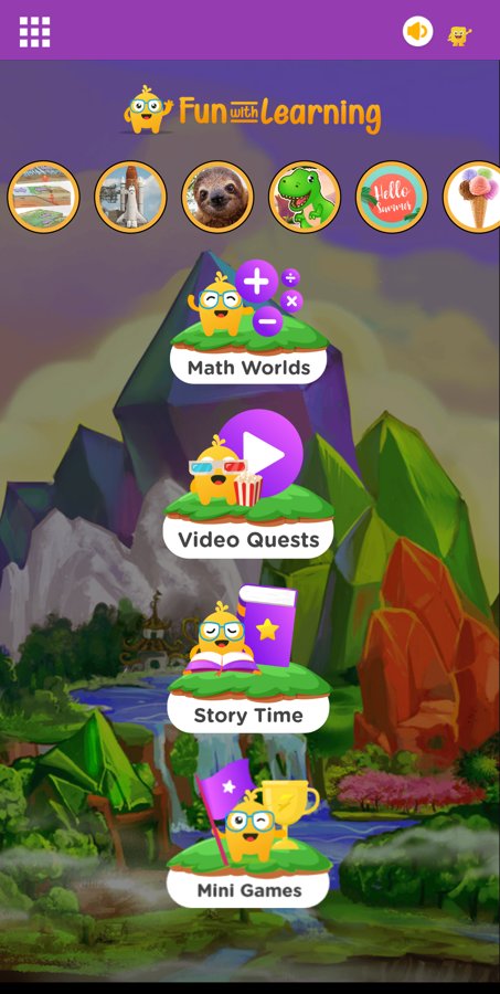 Fun With Learning home screen — Math Worlds, Video Quests, Story Time and Mini Games