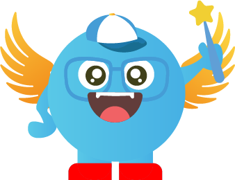 Zimbo wearing wings, glasses, a cap and holding a wand